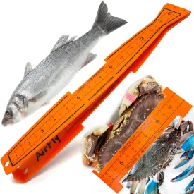 AirFly Folding Fish Measuring Board  32in Ruler with Built-in 3.25, 5, 5.75 Gauges  Dungeness, Blue Crab, Lobster, Striped Bass, Lingcod  Ruler for Boat, Shore, Kayak  Orange, Designed in USA