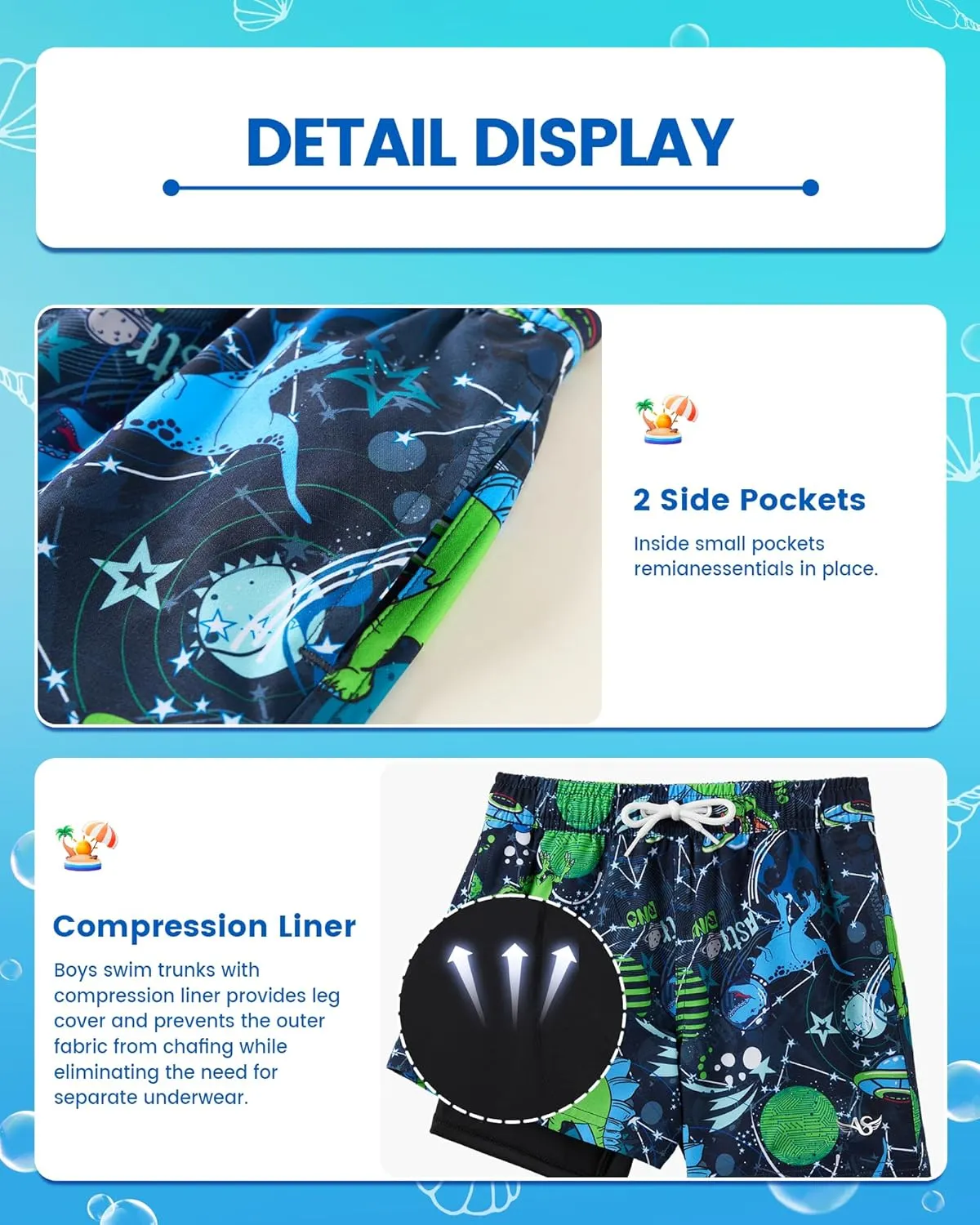 Angel season Boys Swim Trunks with Compression Liner Toddler Swim Shorts Stretch Bathing Suits for Boy Swimsuit Size 2-8