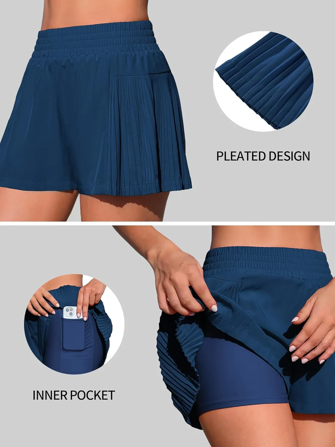 ATTRACO Women's 3" High Waisted Swim Board Shorts Pleated Summer Beach Shorts with Pockets