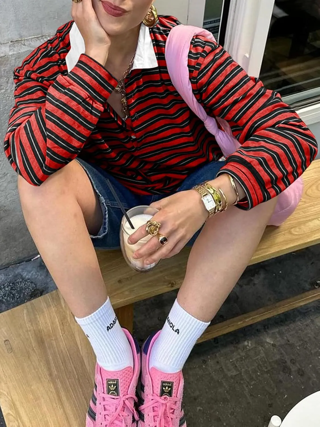 Cicy Bell Womens Long Sleeve Rugby Polo Shirts Oversized Striped Collared Sweatshirt Color Block Tunic Tops