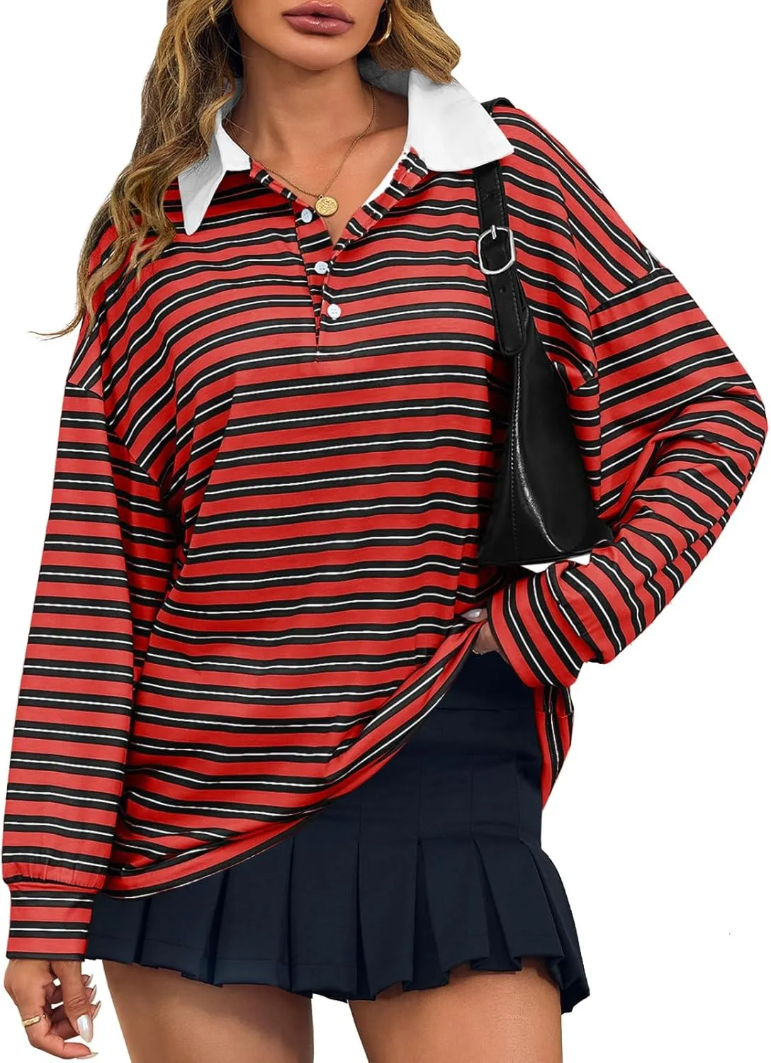Cicy Bell Womens Long Sleeve Rugby Polo Shirts Oversized Striped Collared Sweatshirt Color Block Tunic Tops