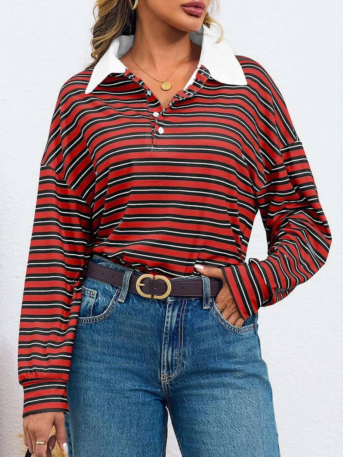 Cicy Bell Womens Long Sleeve Rugby Polo Shirts Oversized Striped Collared Sweatshirt Color Block Tunic Tops