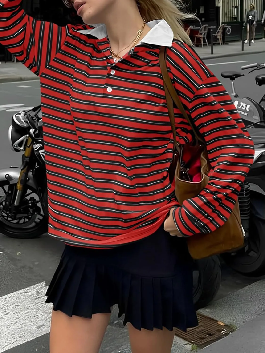Cicy Bell Womens Long Sleeve Rugby Polo Shirts Oversized Striped Collared Sweatshirt Color Block Tunic Tops