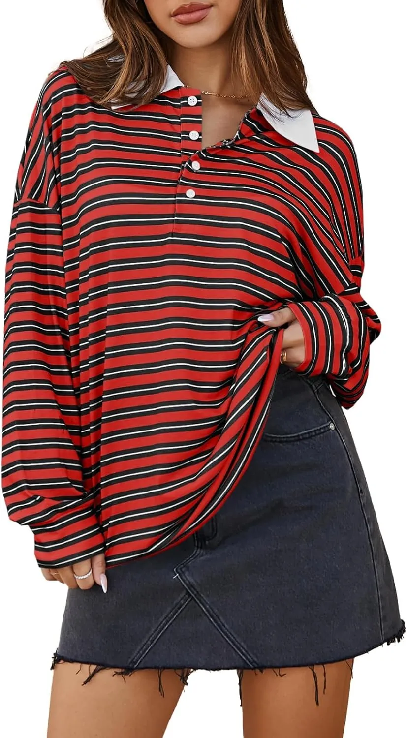 Cicy Bell Womens Long Sleeve Rugby Polo Shirts Oversized Striped Collared Sweatshirt Color Block Tunic Tops