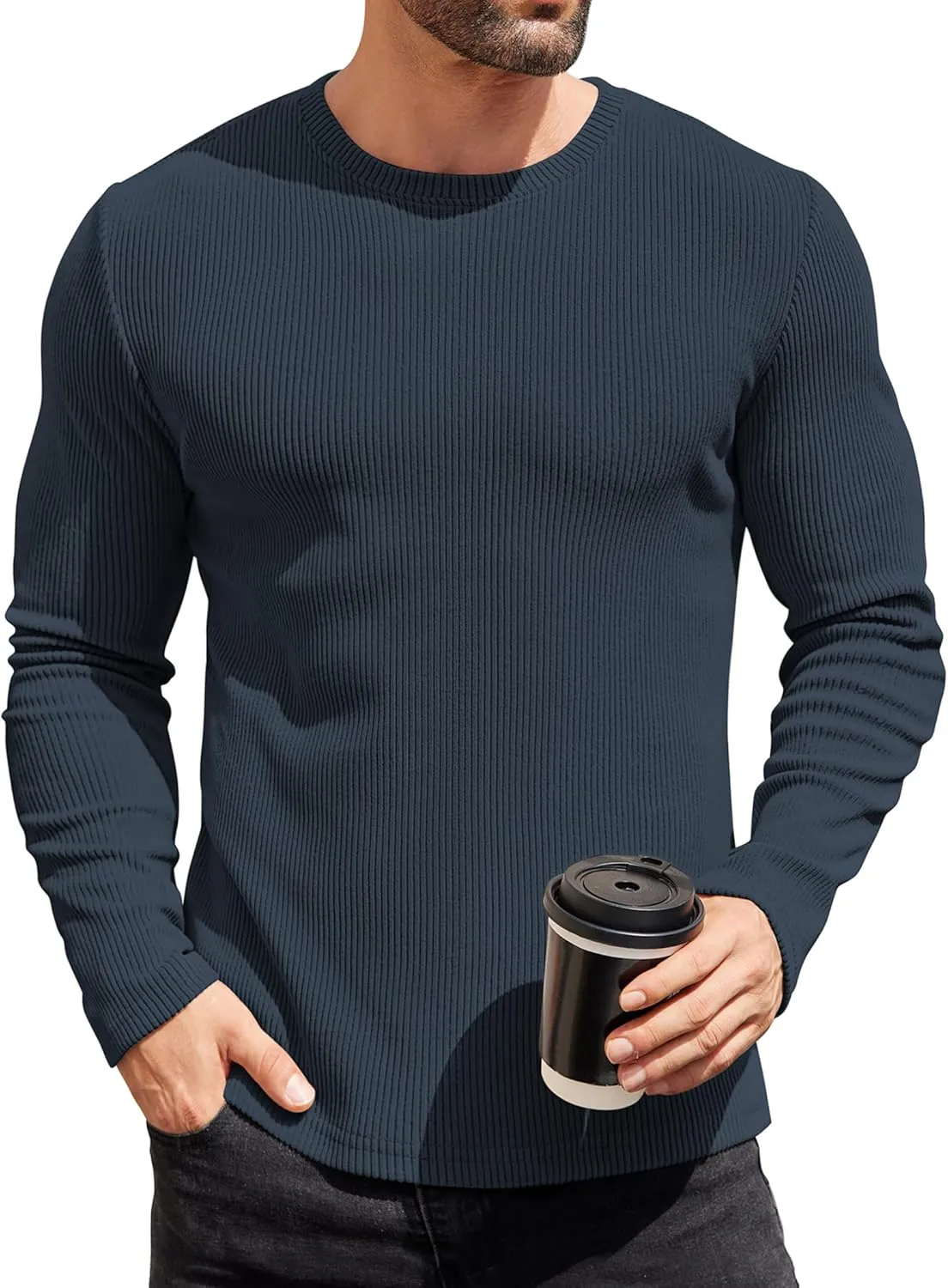 COOFANDY Mens Long Sleeve Shirts Thermal T-Shirt Slim Fit Crewneck Sweater Knitted Pullover Shirt