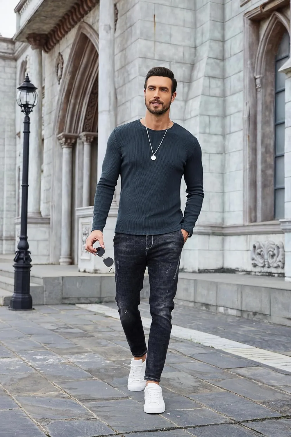 COOFANDY Mens Long Sleeve Shirts Thermal T-Shirt Slim Fit Crewneck Sweater Knitted Pullover Shirt
