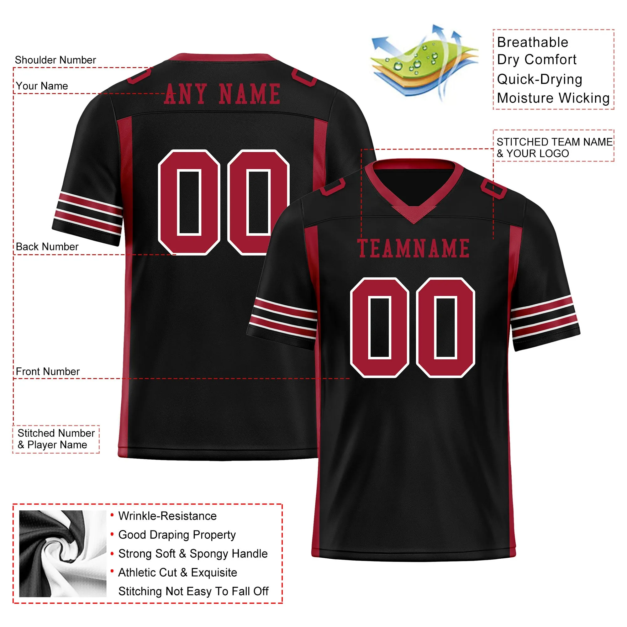 Custom Black Red Striped Sleeves Personalized Authentic Football Jersey FBJ02-D06074