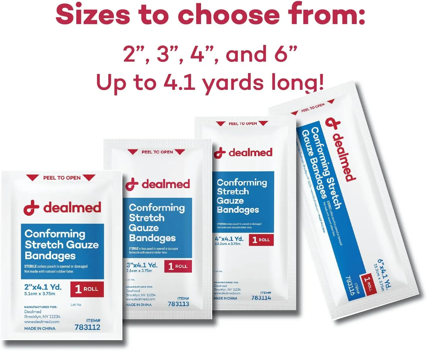 Dealmed 2" Sterile Conforming Stretch Gauze Bandages, 4.1 Yards Latex Free Stretched Dressing Wrap, Medical Non-Adherent Wound Care Mesh Bandages (Box of 12 Rolls)