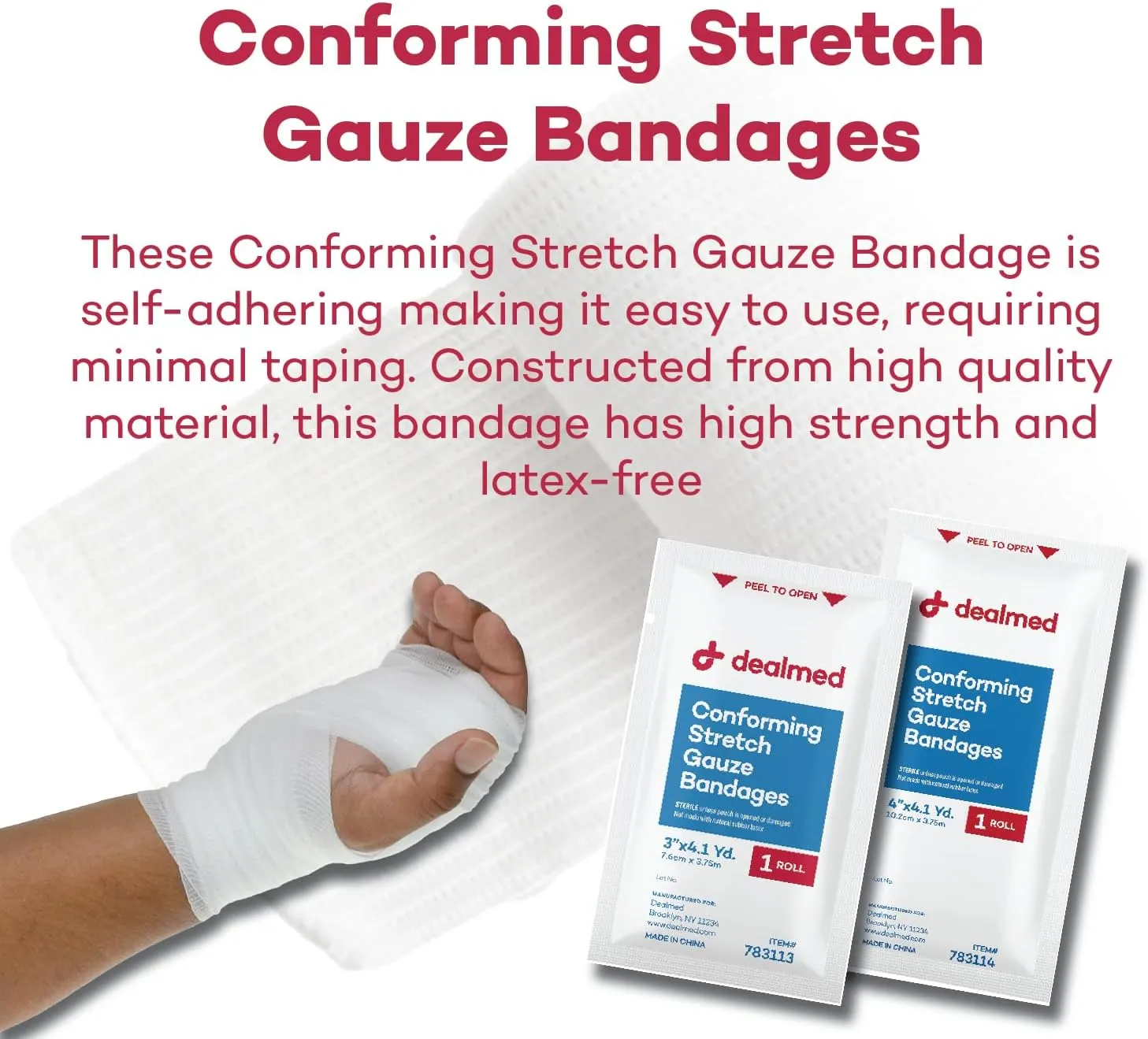 Dealmed 2" Sterile Conforming Stretch Gauze Bandages, 4.1 Yards Latex Free Stretched Dressing Wrap, Medical Non-Adherent Wound Care Mesh Bandages (Box of 12 Rolls)