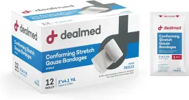 Dealmed 2" Sterile Conforming Stretch Gauze Bandages, 4.1 Yards Latex Free Stretched Dressing Wrap, Medical Non-Adherent Wound Care Mesh Bandages (Box of 12 Rolls)