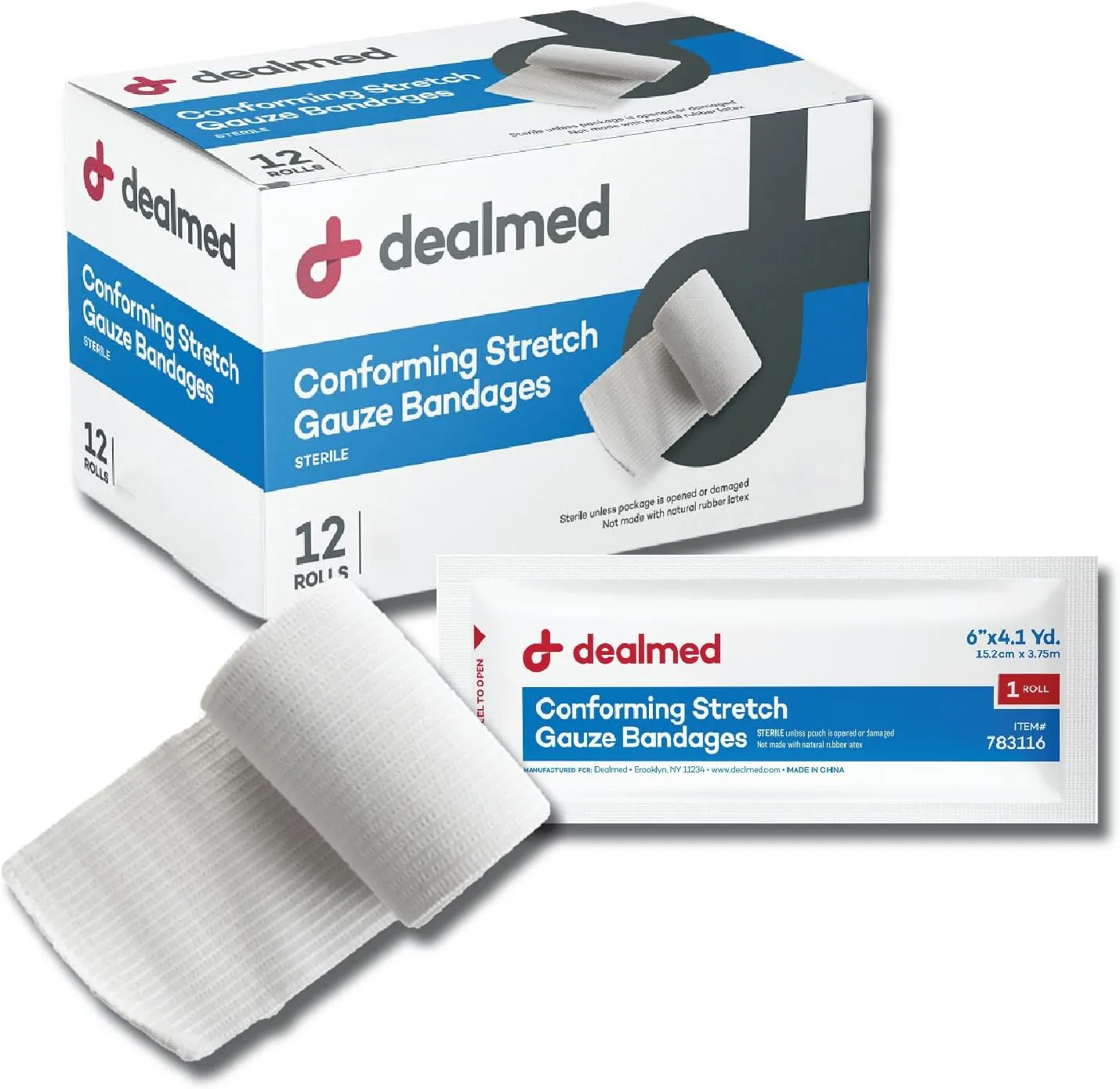 Dealmed 2" Sterile Conforming Stretch Gauze Bandages, 4.1 Yards Latex Free Stretched Dressing Wrap, Medical Non-Adherent Wound Care Mesh Bandages (Box of 12 Rolls)