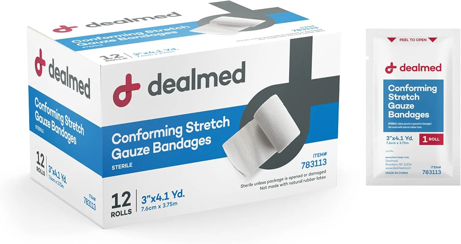 Dealmed 2" Sterile Conforming Stretch Gauze Bandages, 4.1 Yards Latex Free Stretched Dressing Wrap, Medical Non-Adherent Wound Care Mesh Bandages (Box of 12 Rolls)