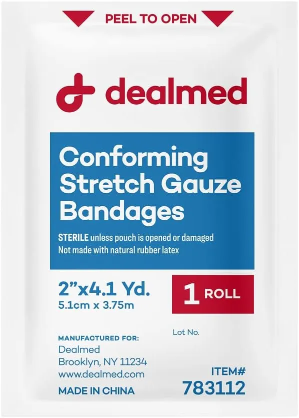 Dealmed 2" Sterile Conforming Stretch Gauze Bandages, 4.1 Yards Latex Free Stretched Dressing Wrap, Medical Non-Adherent Wound Care Mesh Bandages (Box of 12 Rolls)