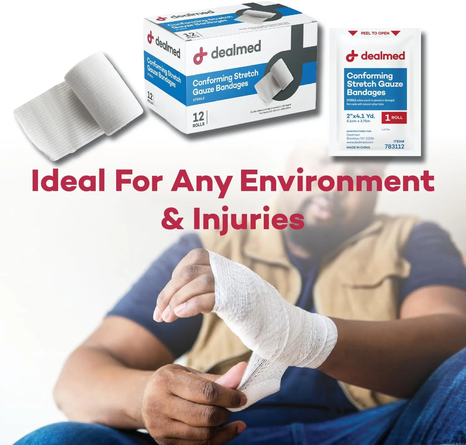 Dealmed 2" Sterile Conforming Stretch Gauze Bandages, 4.1 Yards Latex Free Stretched Dressing Wrap, Medical Non-Adherent Wound Care Mesh Bandages (Box of 12 Rolls)