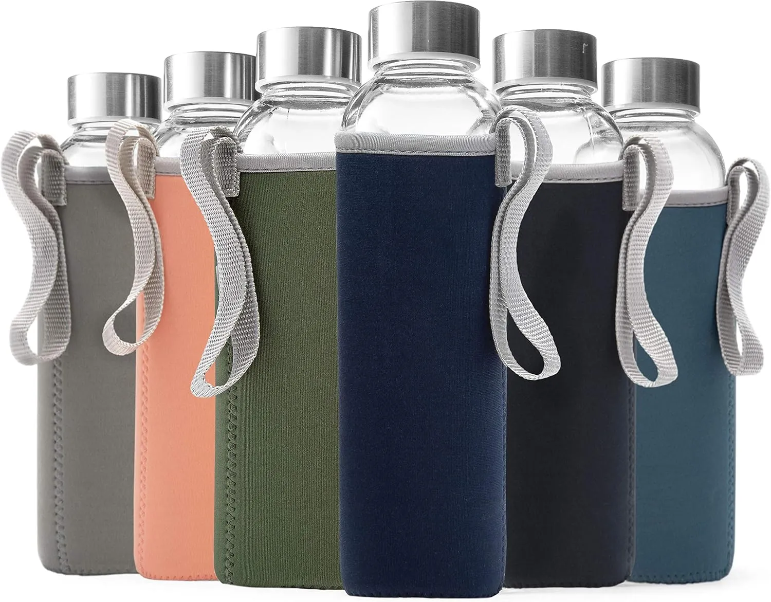 Epica glass bottles with lids  18oz glass water bottles, reusable juice bottle with lids for storing juices, reusable water bottle durable & ecofriendly set of 6 with Sleeves