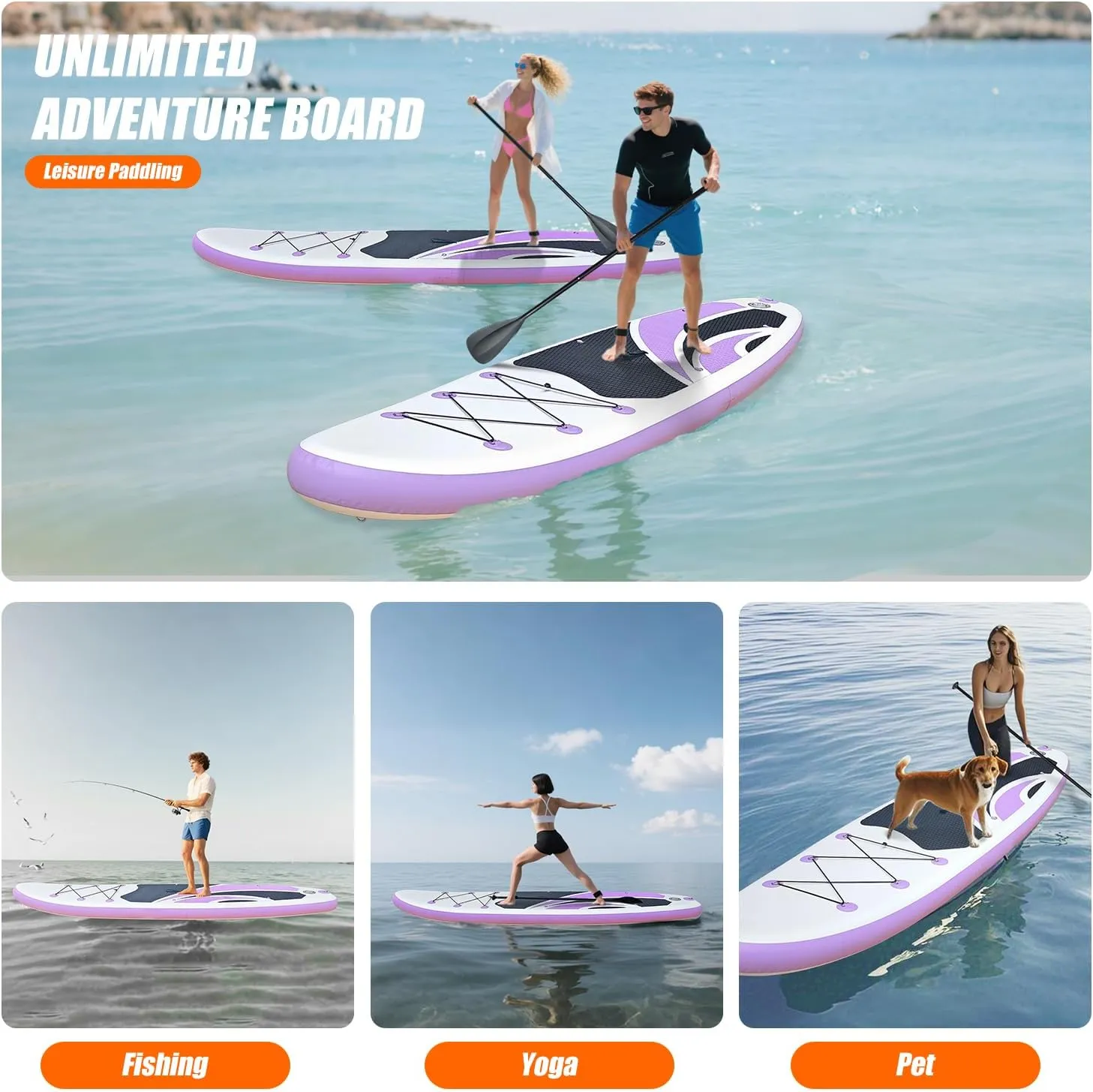Inflatable Stand Up Paddle Board 10ft - Foldable SUP with Adjustable Paddle, Pump, Backpack, Leash, 3 Fins & Repair Kit for Yoga, Fishing, Travel