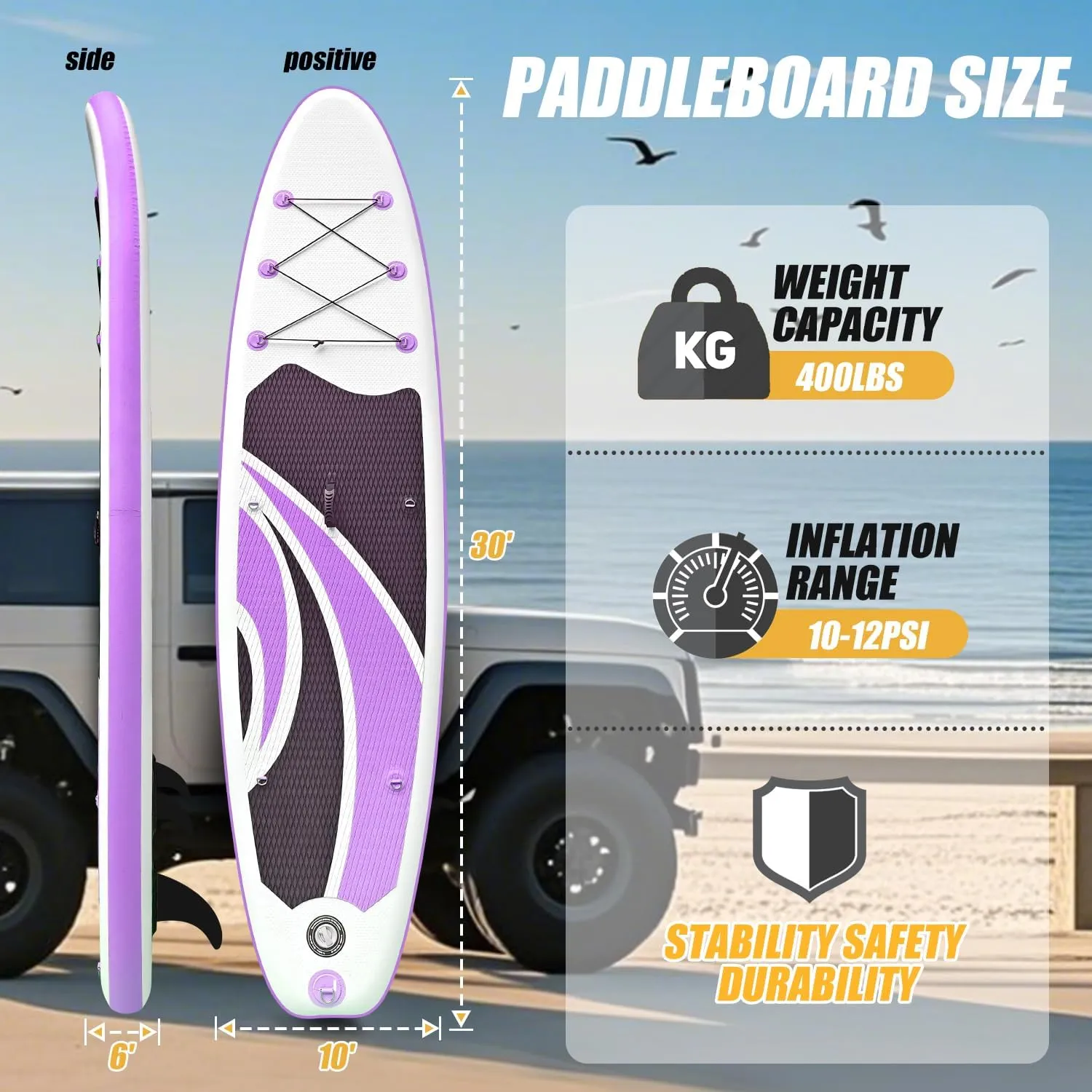 Inflatable Stand Up Paddle Board 10ft - Foldable SUP with Adjustable Paddle, Pump, Backpack, Leash, 3 Fins & Repair Kit for Yoga, Fishing, Travel