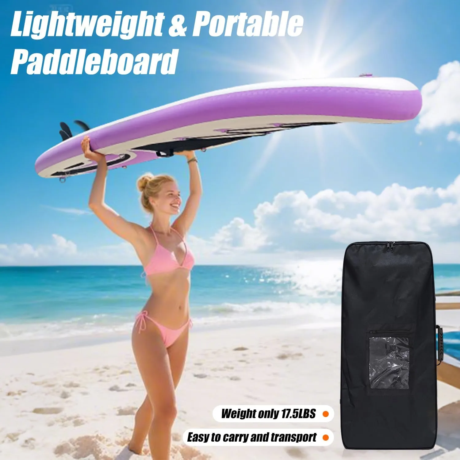 Inflatable Stand Up Paddle Board 10ft - Foldable SUP with Adjustable Paddle, Pump, Backpack, Leash, 3 Fins & Repair Kit for Yoga, Fishing, Travel