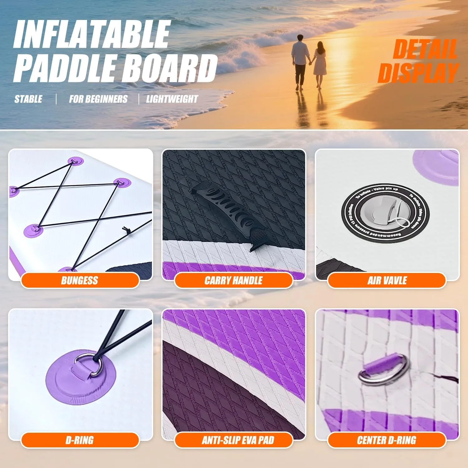 Inflatable Stand Up Paddle Board 10ft - Foldable SUP with Adjustable Paddle, Pump, Backpack, Leash, 3 Fins & Repair Kit for Yoga, Fishing, Travel