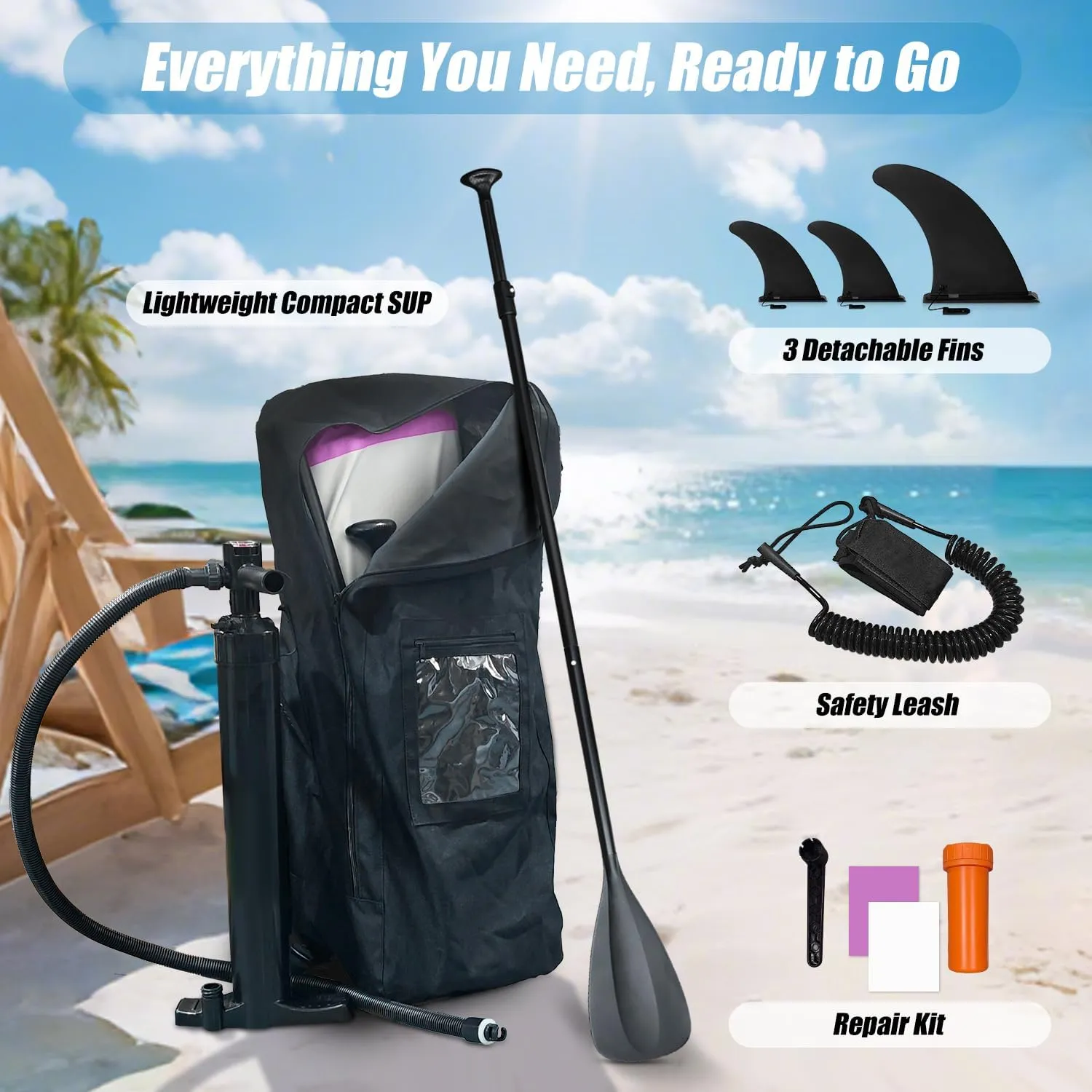Inflatable Stand Up Paddle Board 10ft - Foldable SUP with Adjustable Paddle, Pump, Backpack, Leash, 3 Fins & Repair Kit for Yoga, Fishing, Travel