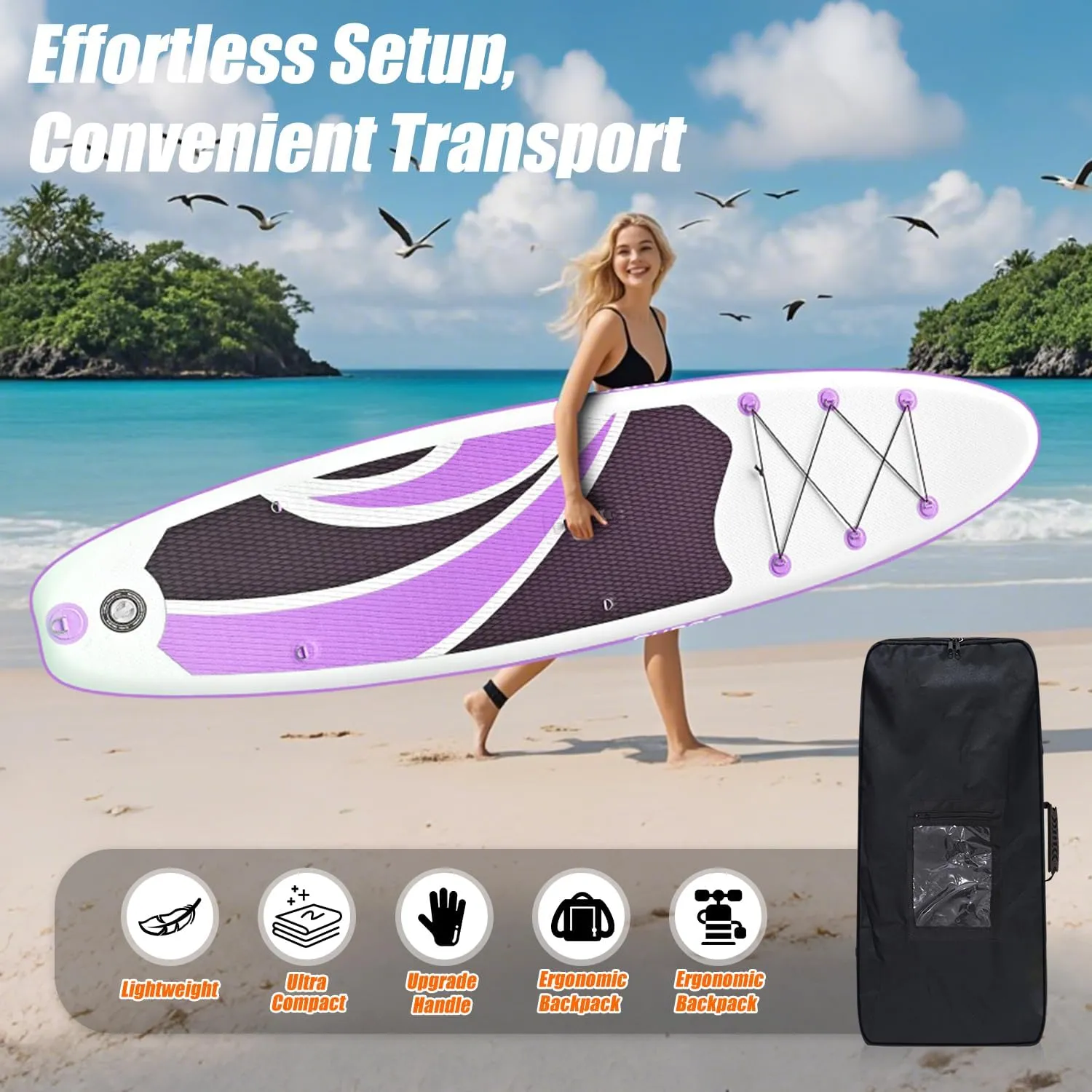 Inflatable Stand Up Paddle Board 10ft - Foldable SUP with Adjustable Paddle, Pump, Backpack, Leash, 3 Fins & Repair Kit for Yoga, Fishing, Travel