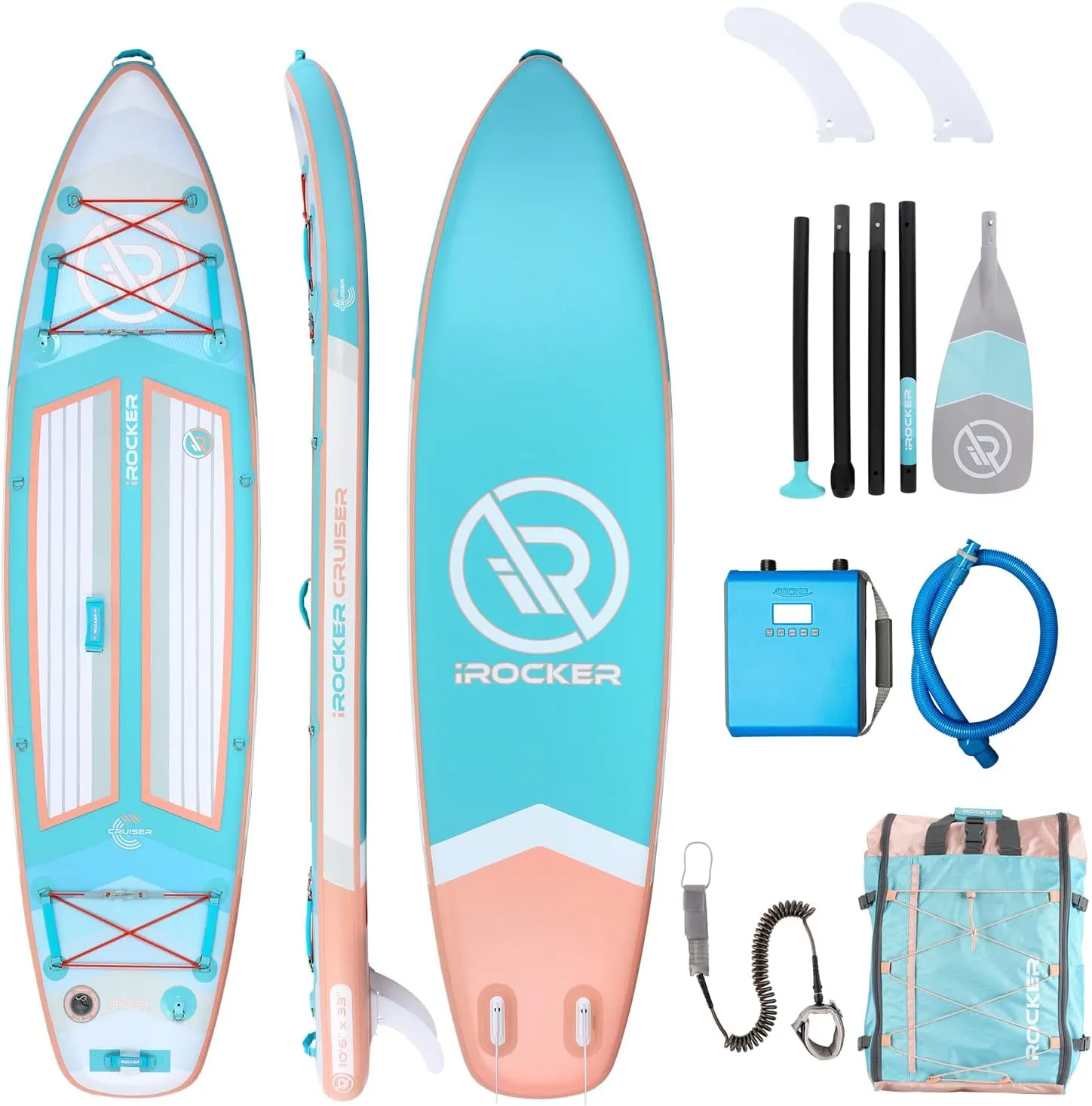 iROCKER Cruiser Inflatable Stand Up Paddle Board, Ultra Series, 10'6" Long 33" Wide 6" Thick Premium SUP with Enhanced Backpack, Fins, 12V Electric Pump & Accessory Pouch, 10' Leash