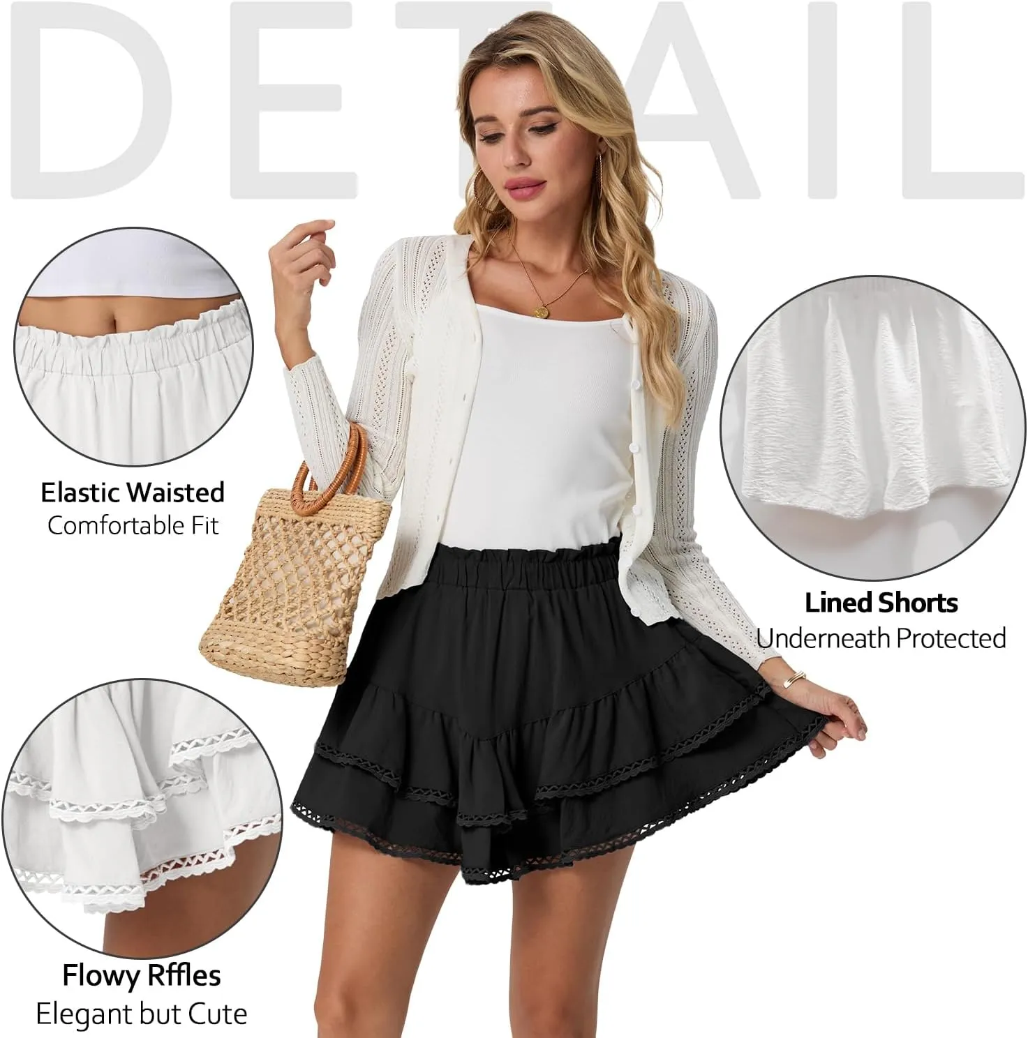 Lepunuo Boho Shorts for Women High Waisted Ruffle Tiered Flowy Skirts with Shorts Underneath Western Outfits Skorts