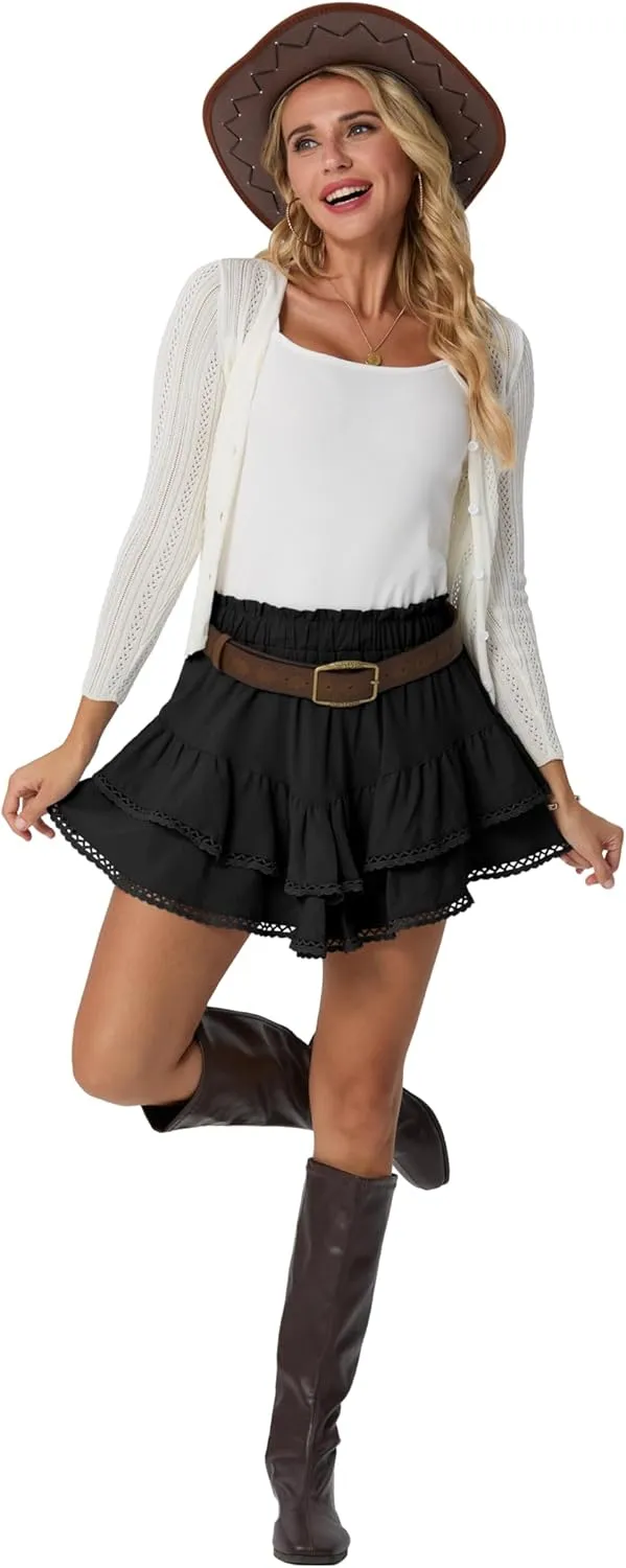 Lepunuo Boho Shorts for Women High Waisted Ruffle Tiered Flowy Skirts with Shorts Underneath Western Outfits Skorts