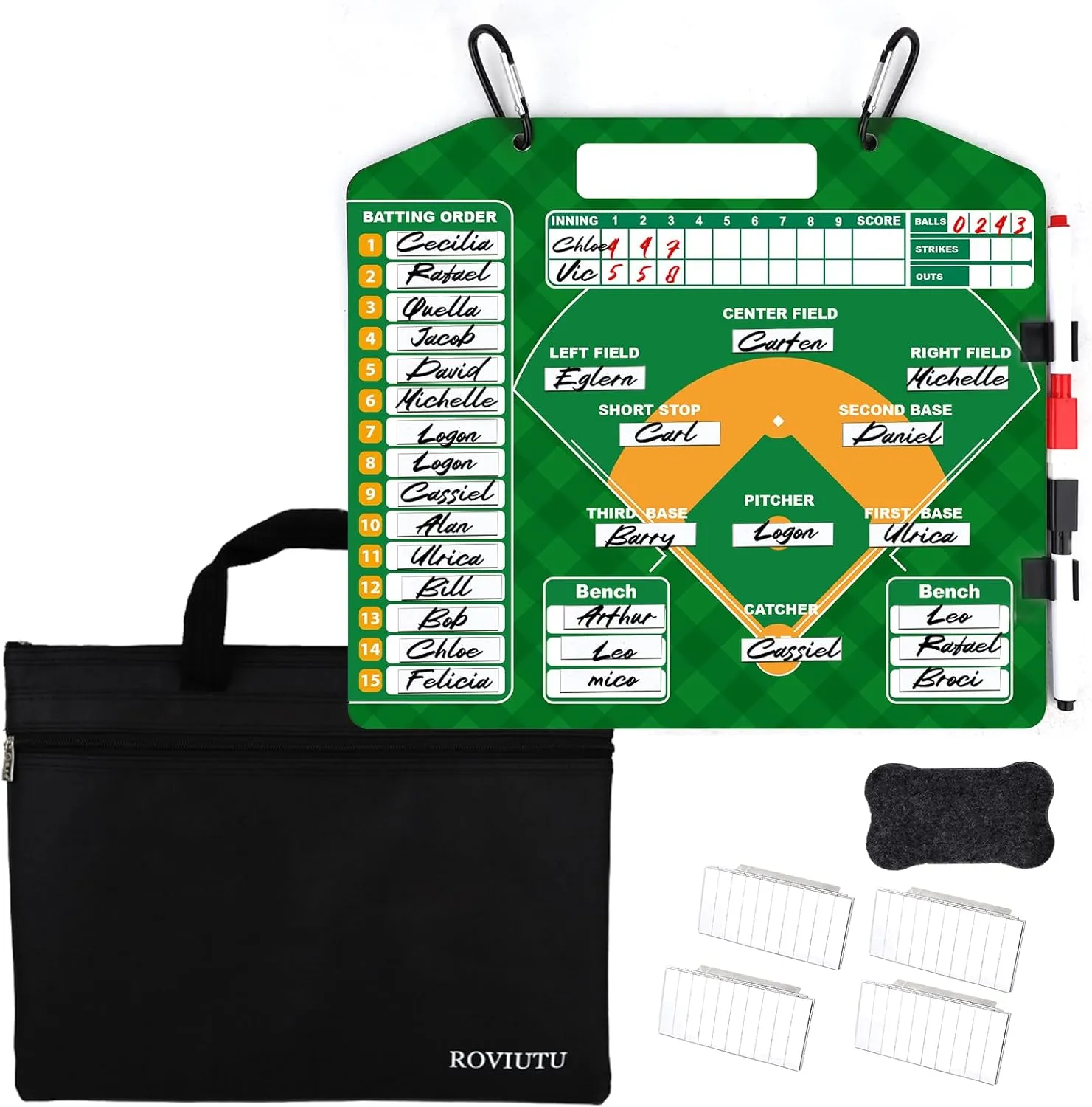 Magnetic Baseball Lineup Board, Baseball Lineup Board for Dugout, Baseball Clipboard for Coaches with 40 Softball Lineup Cards, 2 Markers, Big Erase, 2 Hooks & 2 Pen Clips, Carry Bag