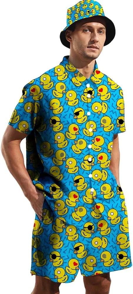 Mens 2 Piece Tracksuit Hawaiian Button Down Shirt and Compression Liner Shorts Sets with Bucket Hats