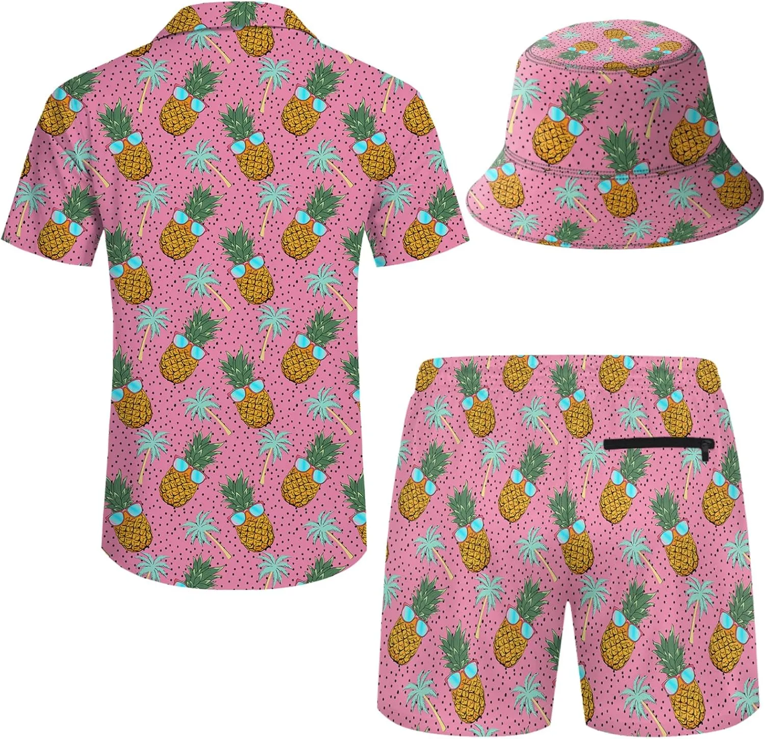 Mens 2 Piece Tracksuit Hawaiian Button Down Shirt and Compression Liner Shorts Sets with Bucket Hats