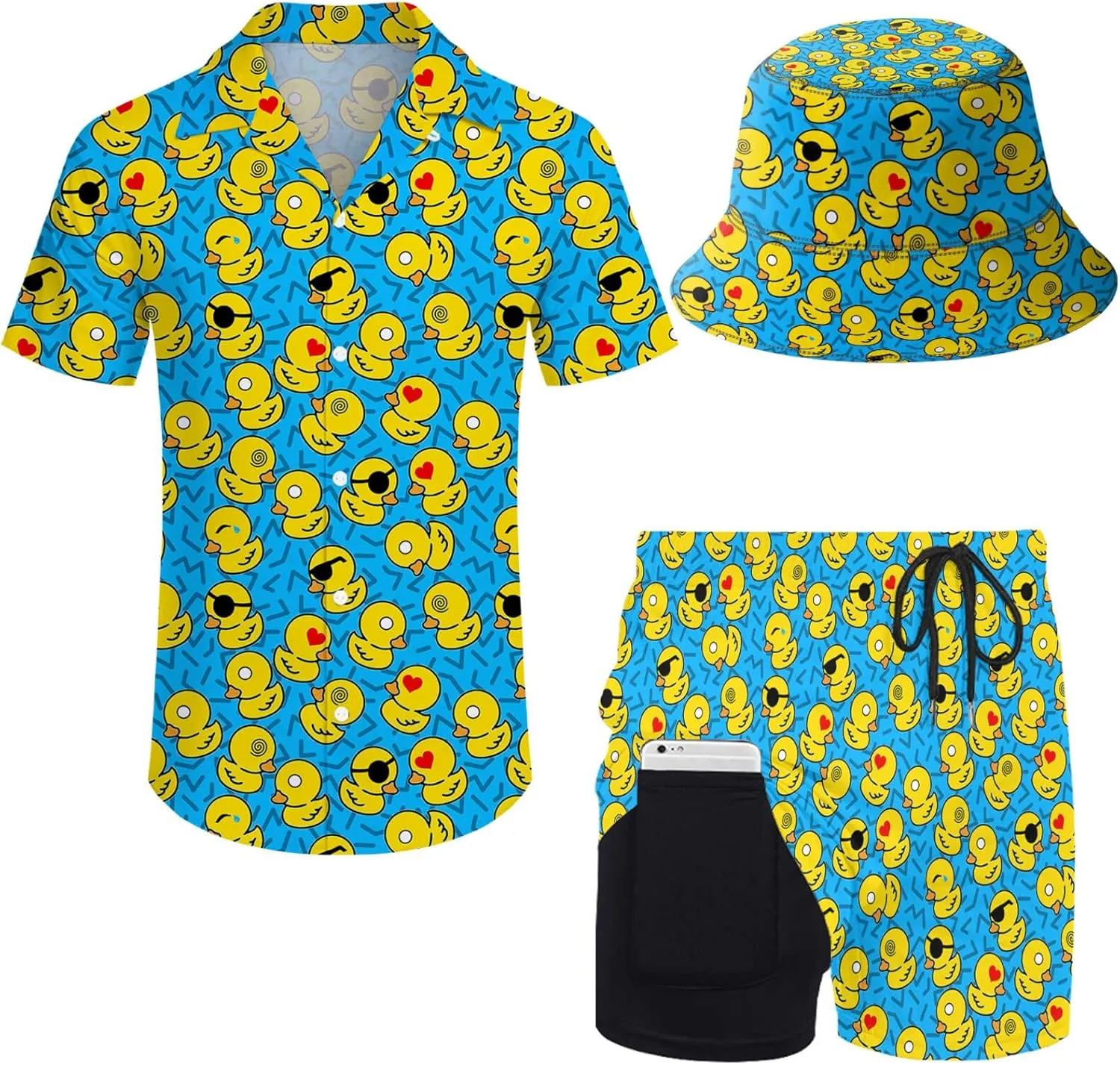 Mens 2 Piece Tracksuit Hawaiian Button Down Shirt and Compression Liner Shorts Sets with Bucket Hats