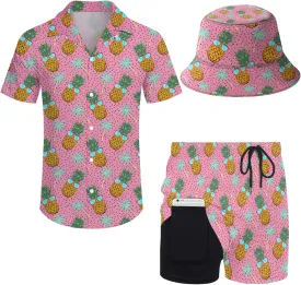 Mens 2 Piece Tracksuit Hawaiian Button Down Shirt and Compression Liner Shorts Sets with Bucket Hats