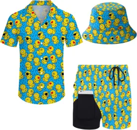 Mens 2 Piece Tracksuit Hawaiian Button Down Shirt and Compression Liner Shorts Sets with Bucket Hats
