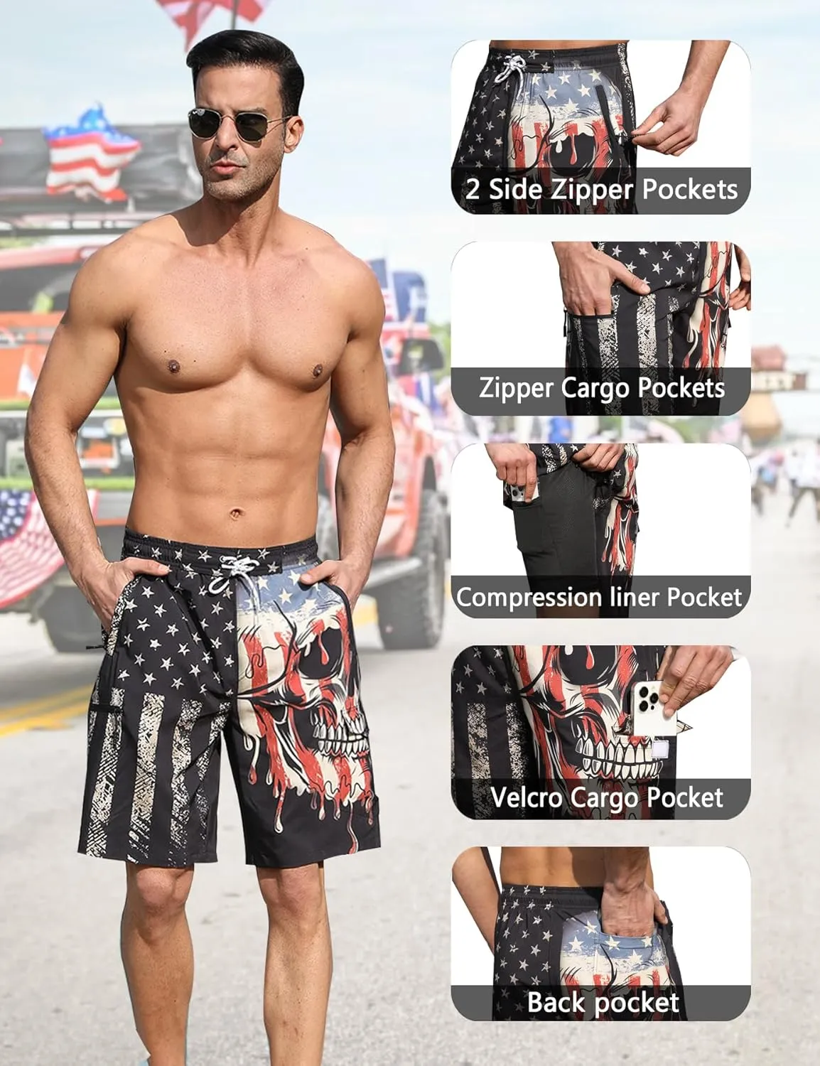Mens Swim Trunks with Compression Liner 9 Inch Swim Shorts Bathing Suits Quick Dry Hiking Cargo Shorts with Zipper Pocket
