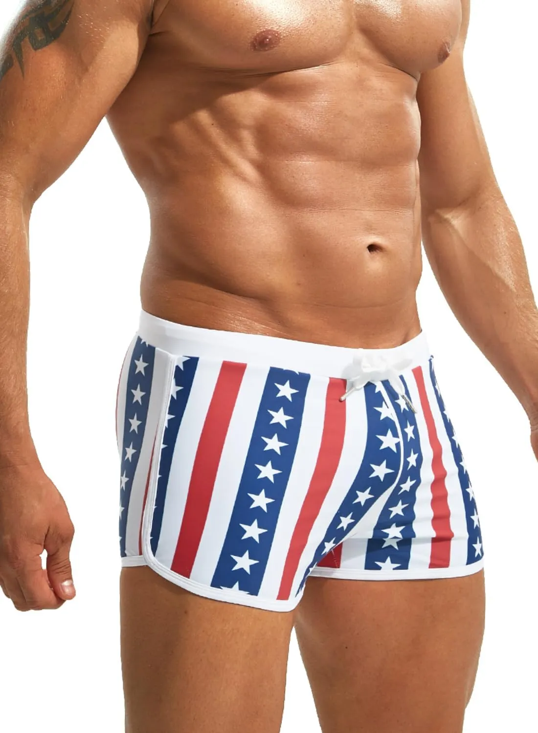 MIZOK Mens Hot Prints Swimwear Shorts Swimsuit Boxer Brief Long Thunk