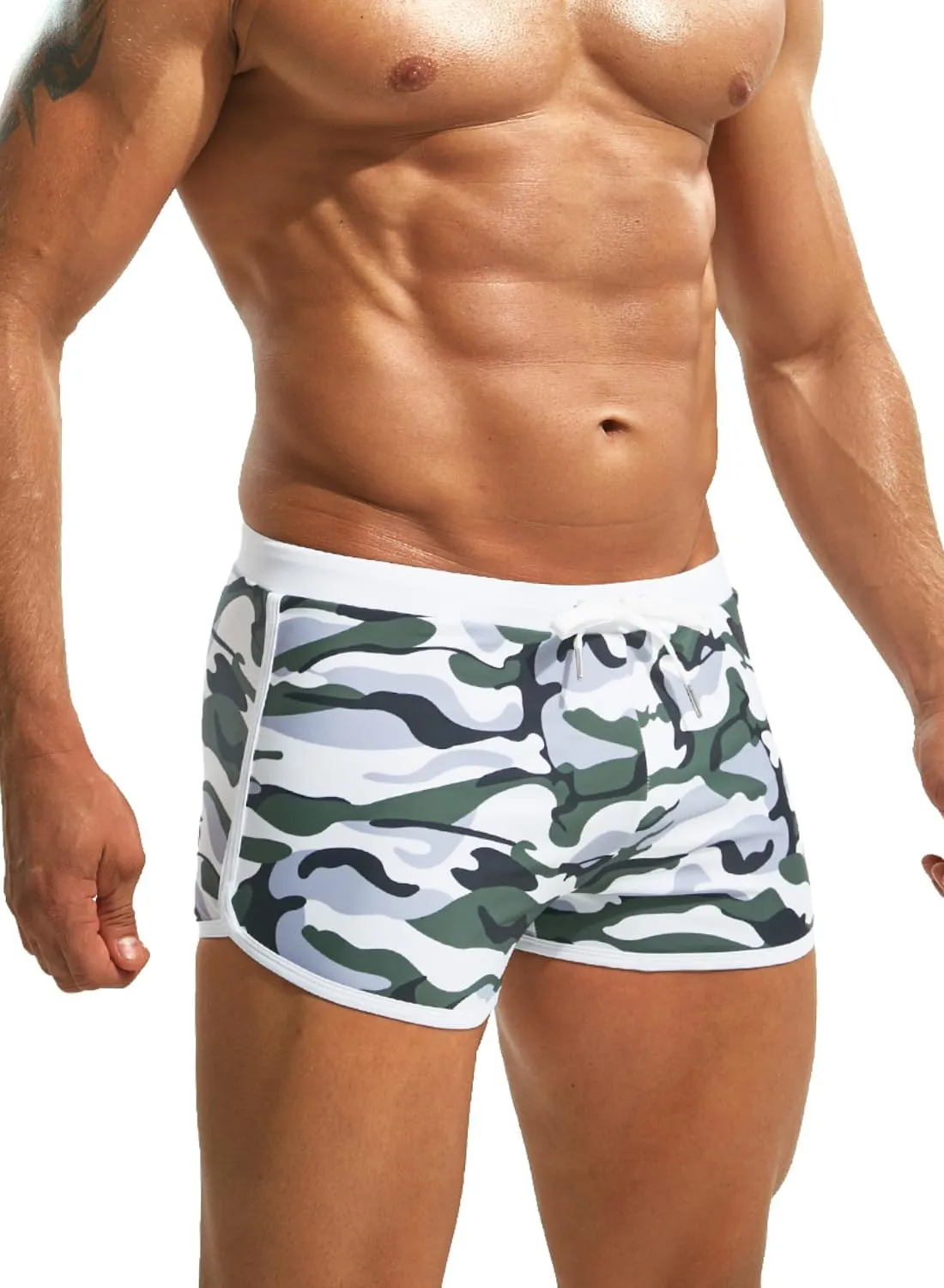 MIZOK Mens Hot Prints Swimwear Shorts Swimsuit Boxer Brief Long Thunk
