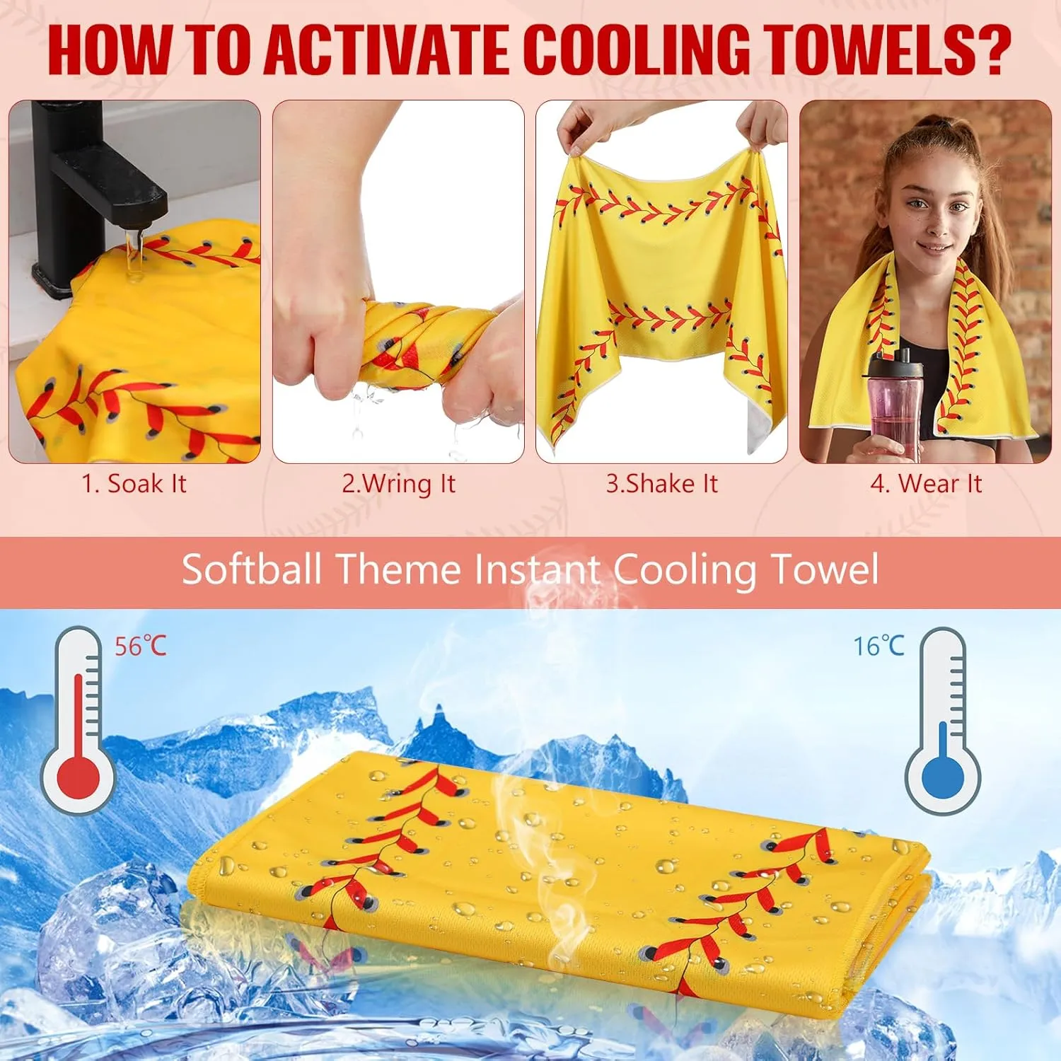 Peryiter 12 Counts Mini Cooling Towel, 30" x 9" Baseball Softball Soccer Golf Sweat Towel, Breathable Chilly Rag, Microfiber Sport Rags for Team Gym Running Coach Gift