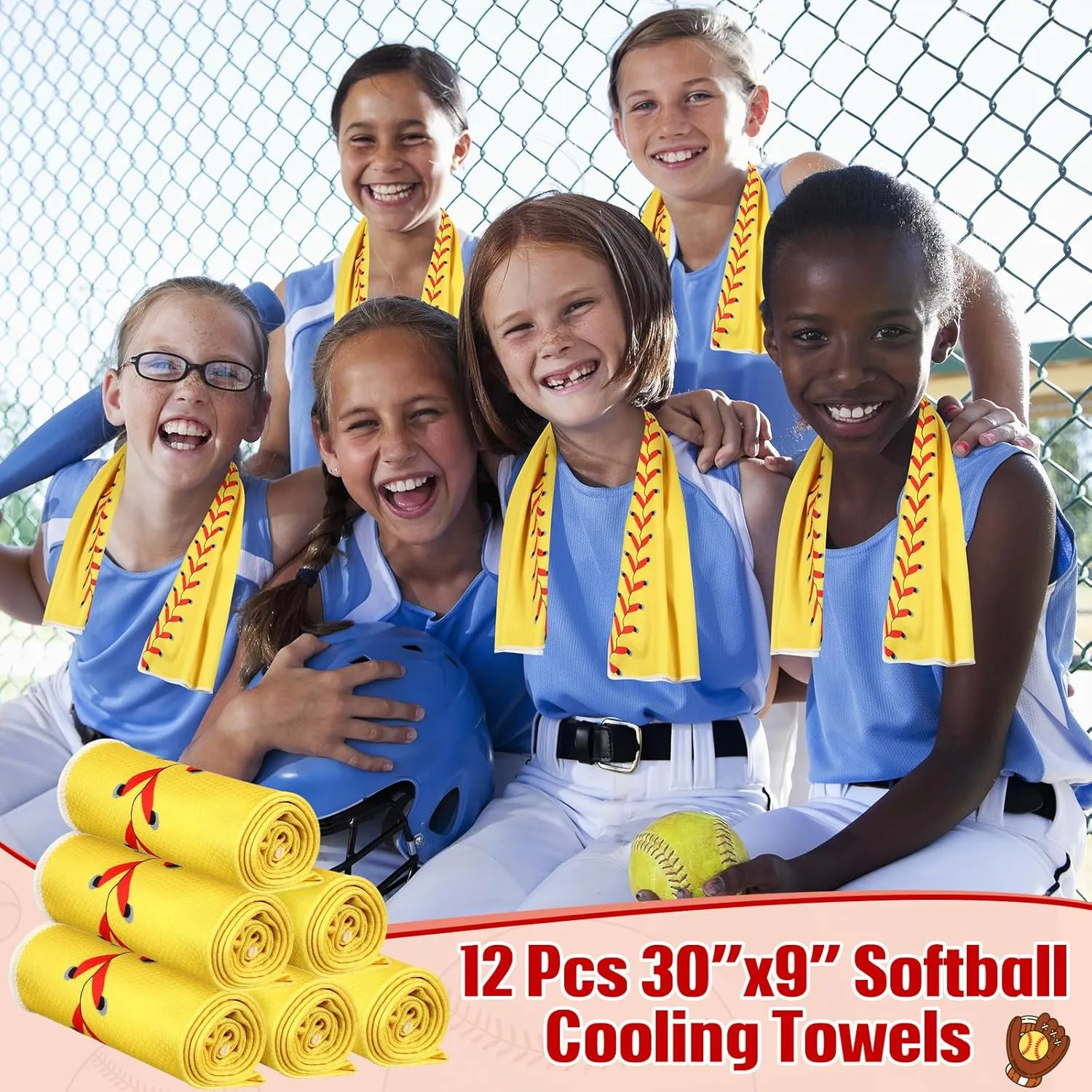 Peryiter 12 Counts Mini Cooling Towel, 30" x 9" Baseball Softball Soccer Golf Sweat Towel, Breathable Chilly Rag, Microfiber Sport Rags for Team Gym Running Coach Gift