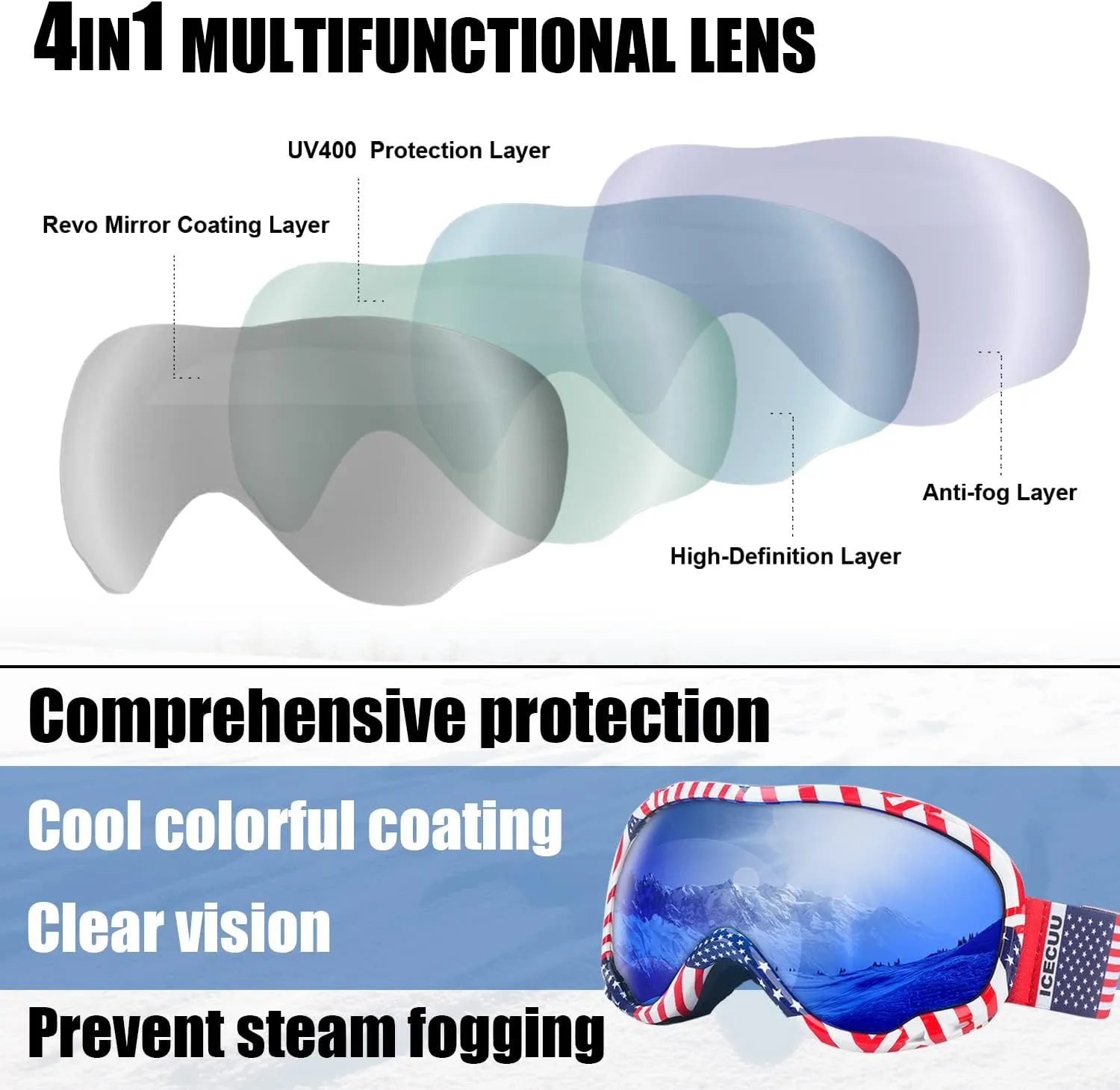 Ski Goggles for Men Women OTG - Snowboard Goggles/Over Glasses Ski UV400 Protection Adults Youth