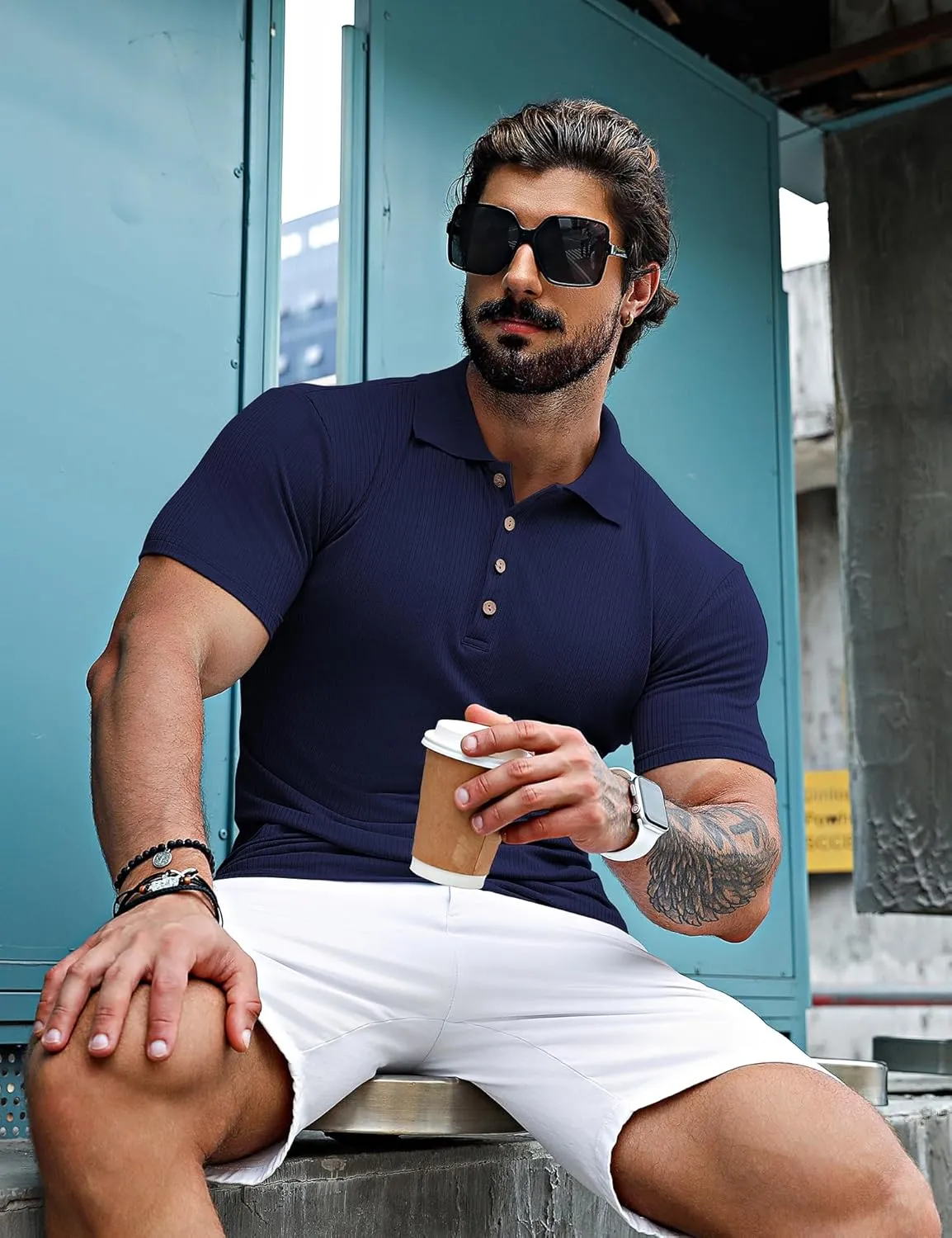 URRU Men's Muscle T Shirts Stretch Short Sleeve Workout Tee Casual Slim Fit Polo Shirt