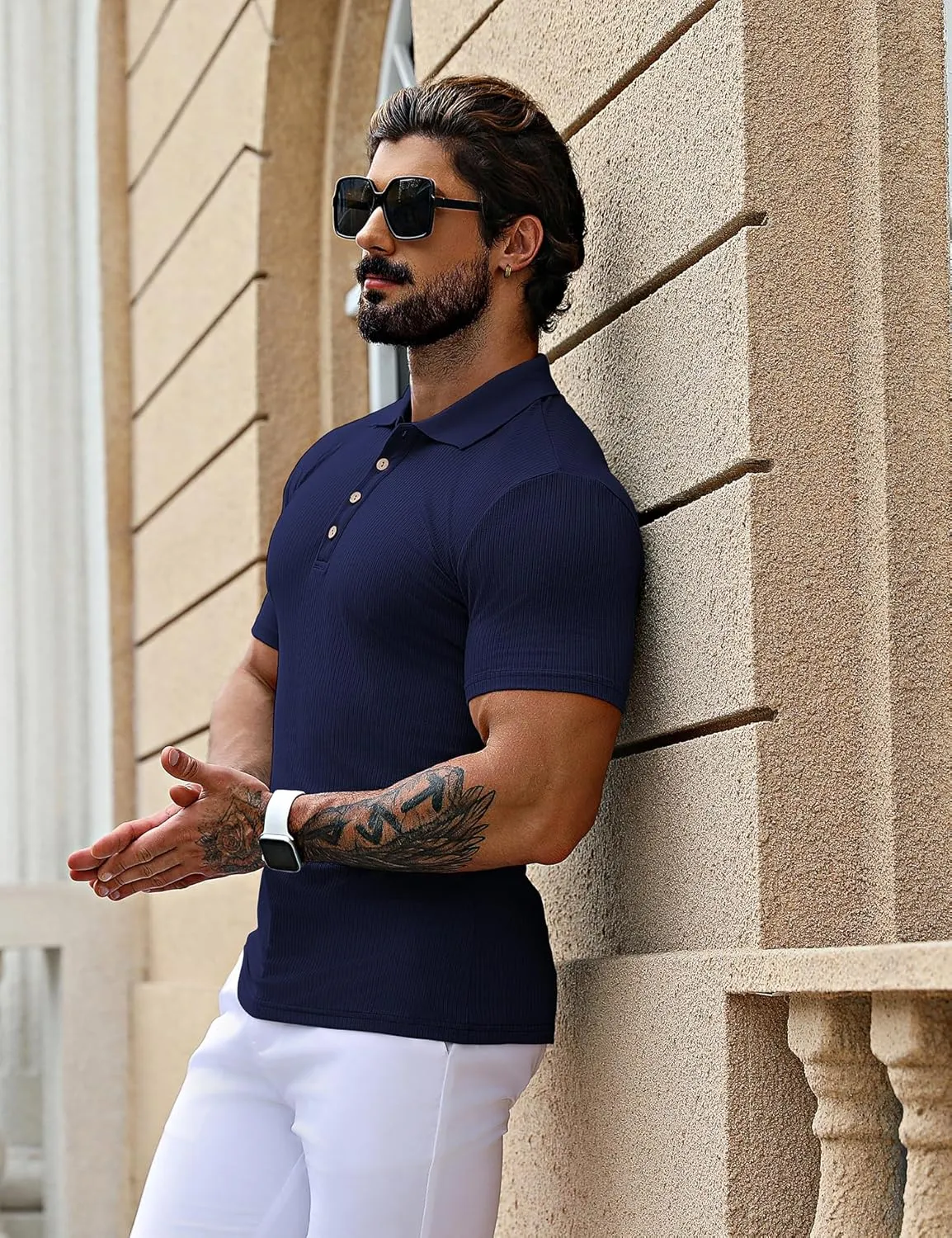URRU Men's Muscle T Shirts Stretch Short Sleeve Workout Tee Casual Slim Fit Polo Shirt