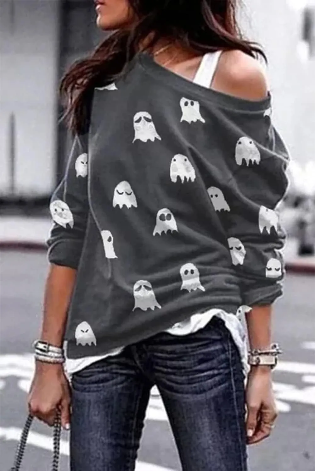 Womens Halloween Shirt Long Sleeve Pumpkin Ghost Bat Print Party Off Shoulder Top