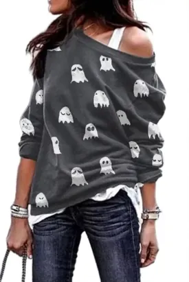 Womens Halloween Shirt Long Sleeve Pumpkin Ghost Bat Print Party Off Shoulder Top