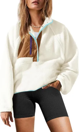 Yanekop Womens Fuzzy Fleece Pullover Sherpa Sweatshirt Long Sleeve Button Down Sweater Jacket with Pockets